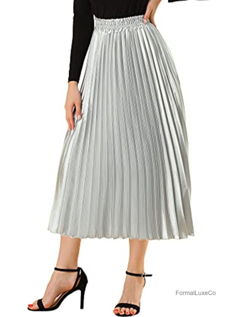 Metallic Pleated Midi Skirt High Waisted A-Line Party Dance Skirt